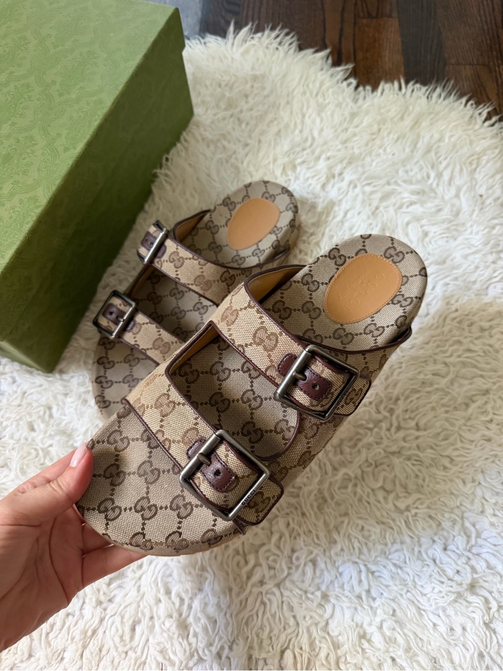 Gucci Beige & Brown GG Canvas Double-Buckle Slides